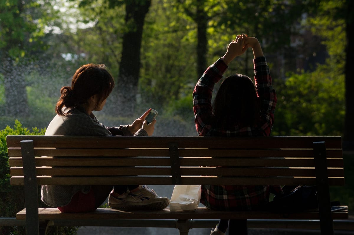 Two women sitting on a park bench enjoying leisure time with a smartphone.